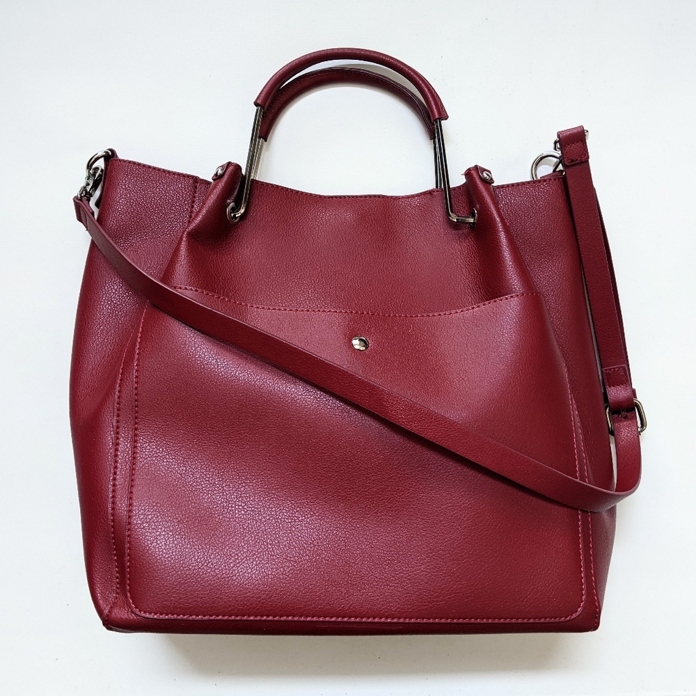 Zara Red Faux Leather Crossbody Tote Bag with Metal Handles